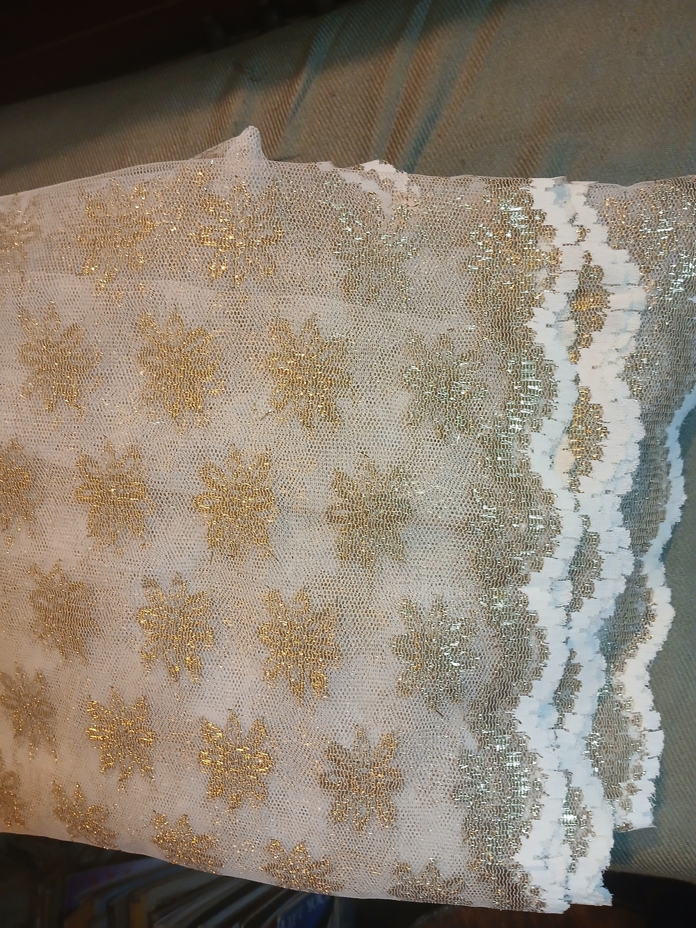 WHITE & GOLD LACE FABRIC 8 YARDS X 44 INCHES